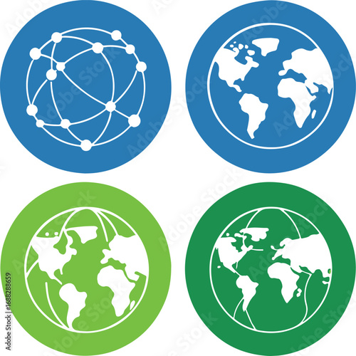 Set of Earth Globe and Global Network Icons in Blue and Green Circles – Worldwide Connectivity and Communication Symbols