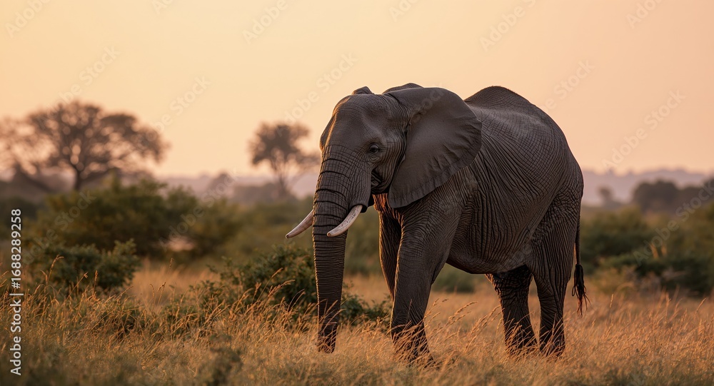 Obraz premium Ivory Tusks Amidst Golden Grass, Serene Twilight Landscape Gentle Giant Strolling.