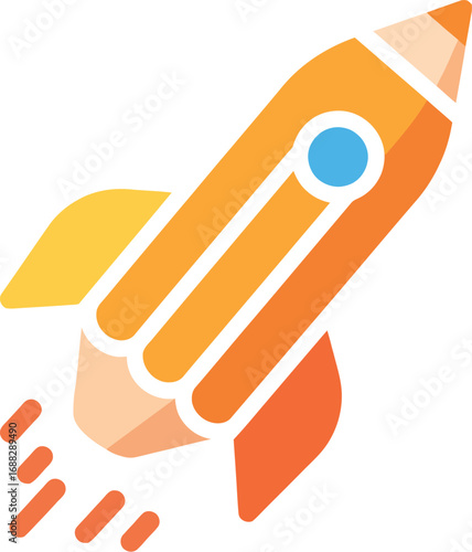 A stylized rocket shaped like a pencil, launching upwards, symbolizing creative inspiration and rapid progress.