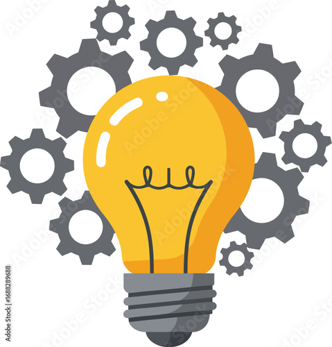 Lightbulb surrounded by gears, symbolizing innovation, ideas, and mechanical processes.