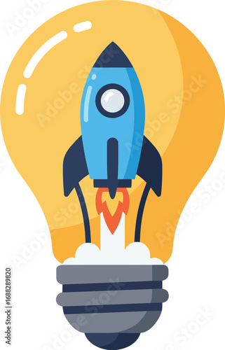 A lightbulb containing a rocket ship launching, symbolizing innovation and new ideas.