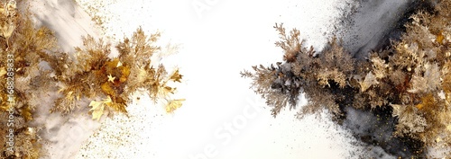 Abstract design with gold and grey/black clusters on a white background