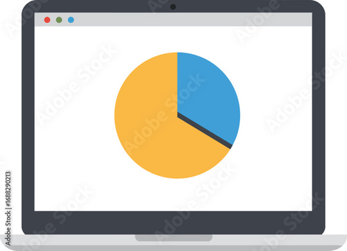 A laptop screen displaying a pie chart with yellow and blue segments, representing data analysis.