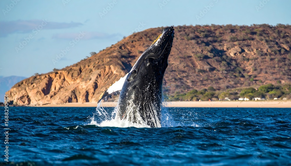Fototapeta premium Whale breaching in ocean, mountain backdrop
