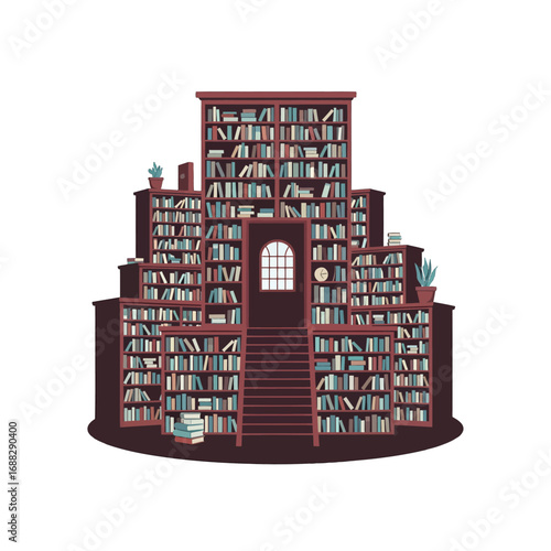 Pixel Art Illustration of a Towering Bookshelf Staircase with Books and Potted Plants on a White Background