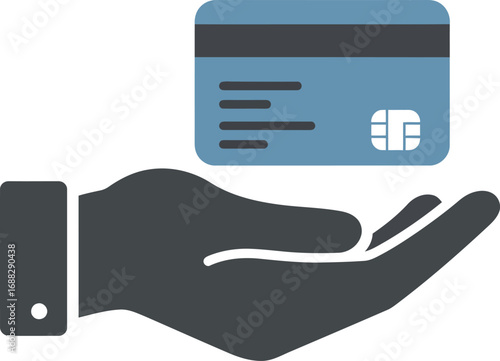 A stylized graphic of a hand presenting a credit card, suggesting payment or financial transaction.