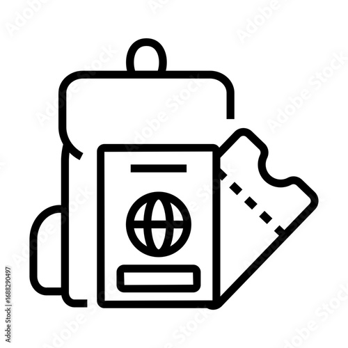 Travel essentials icon with backpack, passport, and ticket. Simple line art symbol for tourism, vacation, and international journey