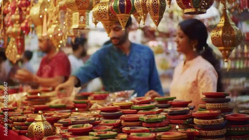 bustling Diwali market stall selling colorful diyas, lanterns, and decorations.