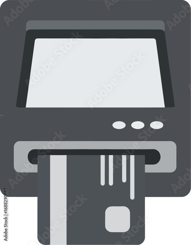 An illustrated ATM machine with a credit card inserted, ready for a transaction.