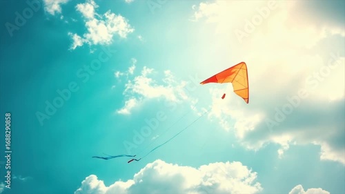 Bright kite soaring high in a beautiful blue sky