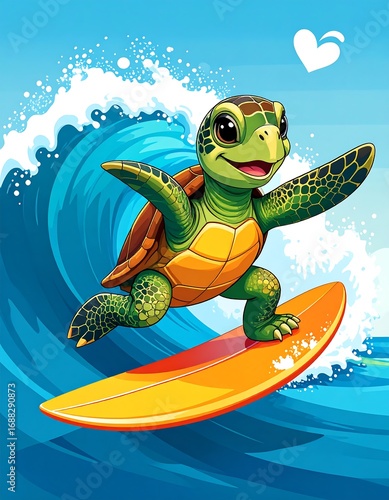 Fototapeta Naklejka Na Ścianę i Meble -  Cute turtle surfing a wave (1)