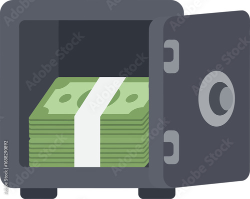 An open safe filled with a stack of green banknotes secured with a white band.