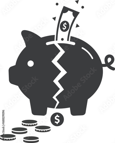 Broken piggy bank with money spilling out, symbolizing financial hardship or bankruptcy.