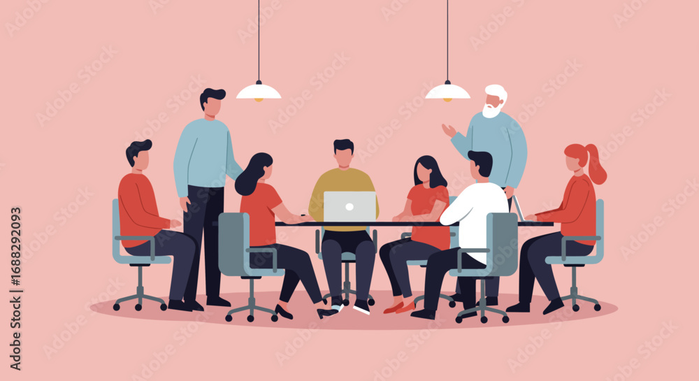 custom made wallpaper toronto digitalAn illustrated business meeting shows a diverse group of colleagues collaborating around a conference table, discussing ideas under warm lighting.