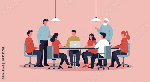 An illustrated business meeting shows a diverse group of colleagues collaborating around a conference table, discussing ideas under warm lighting.