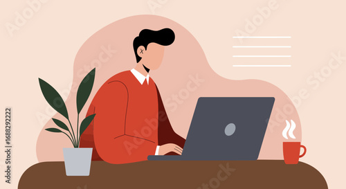 Illustration of a man in a red sweater working on a laptop at a desk with a plant and a cup of coffee in a cozy, light-colored room.