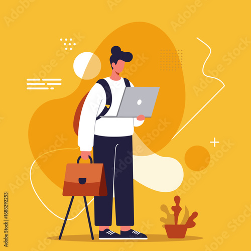 Modern professional working remotely with a laptop, carrying a briefcase. Represents mobile work, digital nomad lifestyle, and business connectivity.