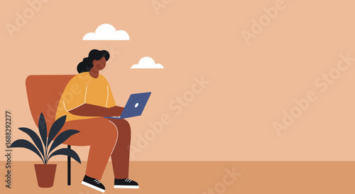 A young woman sits comfortably in a chair, working on her laptop in a minimalist, peaceful home office setting, with space for text or design elements.