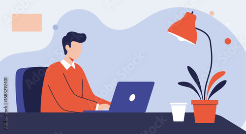 Professional man working remotely on his laptop at a modern desk with a plant and lamp. Ideal for showcasing productivity, online business, and home office concepts.