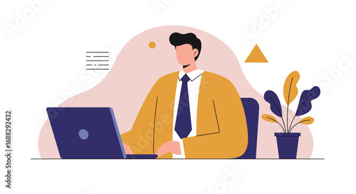 A businessman sits at his desk, wearing a headset and using a laptop, in a minimalist workspace with a small plant adding a touch of nature to the scene.