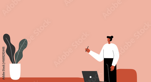 An illustration depicts a person in a modern office setting, with a potted plant and laptop, creating a minimalist and inviting workspace design.