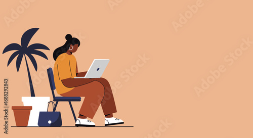 An illustration of a woman comfortably working on her laptop in a relaxed, tropical-inspired setting, suitable for remote work, digital nomad, and flexible lifestyle concepts.