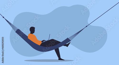 Relaxed man working remotely from a comfortable hammock, showcasing flexible work-life balance and modern digital nomad lifestyle.