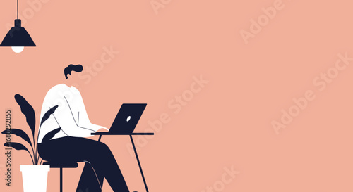 Focused person working remotely on a laptop in a modern, minimalist home office setup, symbolizing productivity and digital lifestyle.