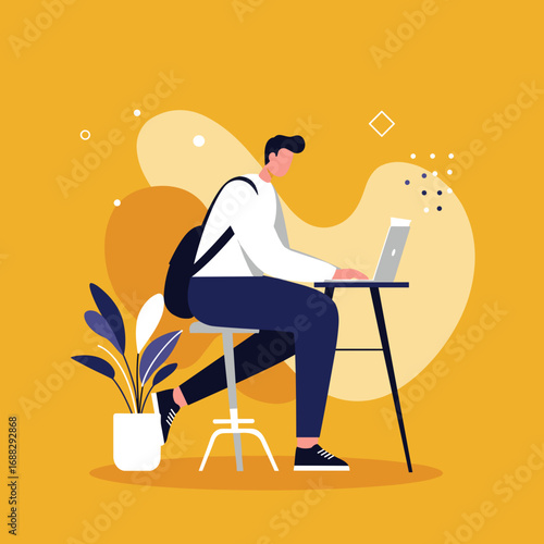 A focused man with a backpack diligently works on his laptop, representing remote work, education, and modern digital business lifestyle. Ideal for technology and productivity concepts.