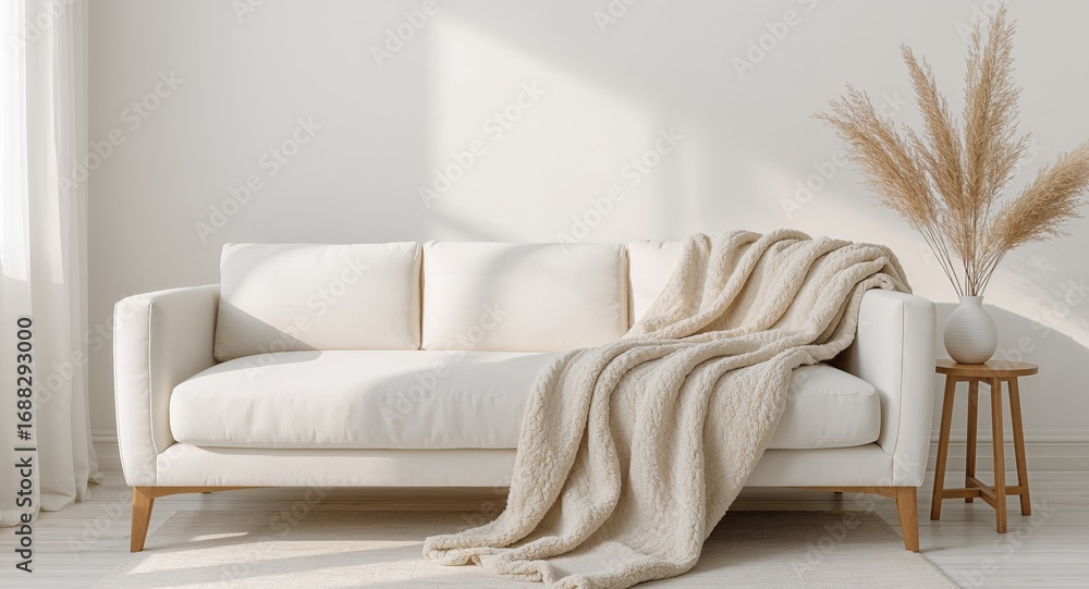 Obraz premium Serene Interior Scene with Textured Blanket and Dried Floral Arrangement Neutral Tones.