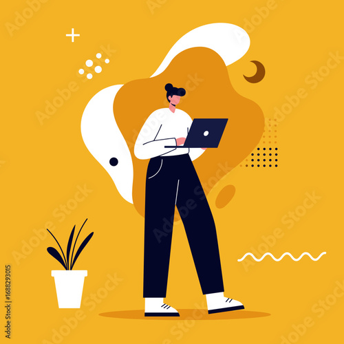 Creative person working on laptop with modern abstract background. Ideal for business, remote work, technology, or digital lifestyle concepts.