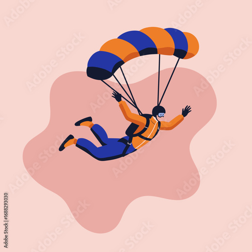 A skydiver with an orange and blue parachute descends, enjoying the thrill and freedom of extreme sports. Represents adventure, challenge, and achieving goals.