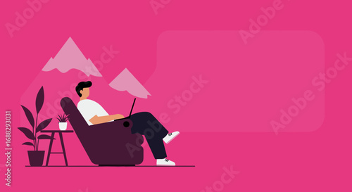 Person relaxing in an armchair, using a laptop, representing remote work, digital nomad lifestyle, or online learning. Modern flat design illustration.