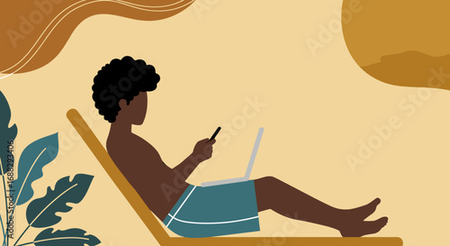 Person relaxing on a lounge chair, working remotely on a laptop and phone. Ideal for themes of work-life balance, digital nomad lifestyle, and flexible working.