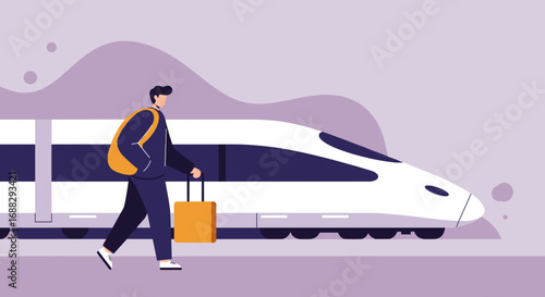 Man with backpack and luggage walking beside a modern high-speed train. Represents travel, commute, public transport, or sustainable journey.