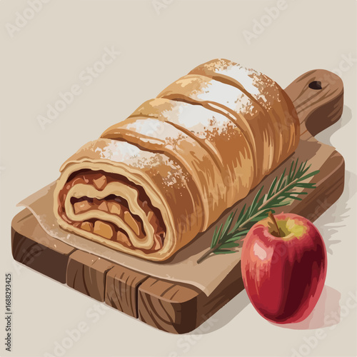 fresh, tasty, illustration, pastry, food, delicious, bakery, cake, vector, sweet, strudel, dessert, meal, apple, pie, set, snack, breakfast, traditional, brown, collection, slice, background, design, 