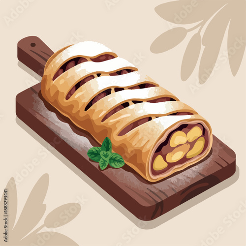 fresh, tasty, illustration, pastry, food, delicious, bakery, cake, vector, sweet, strudel, dessert, meal, apple, pie, set, snack, breakfast, traditional, brown, collection, slice, background, design, 