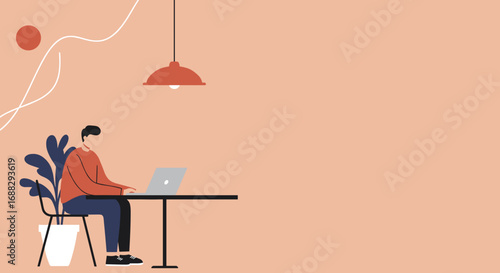Man working remotely on a laptop in a modern, minimalist home office setting, representing productivity, online learning, and flexible work.