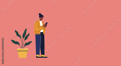 Modern woman with smartphone in a minimalist setting, next to a potted plant. Illustrates digital communication, mobile technology, and contemporary lifestyle themes.