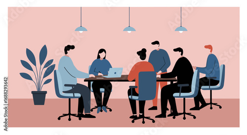 Business professionals meeting around a table, collaborating and discussing ideas in a modern office environment. Represents teamwork and corporate strategy.