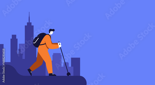 Urban traveler on a kick scooter with a backpack, moving through a vibrant city against a modern skyline. Represents efficient daily commute and active lifestyle.