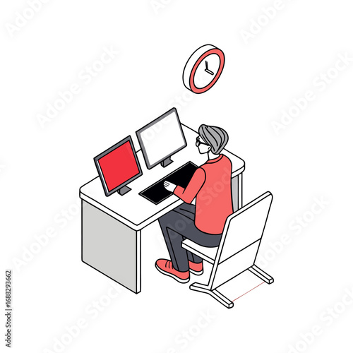 An employee works late at his desk deadline approaching stress isolated work in a digital vector
