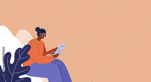A diverse individual works remotely on a laptop in a relaxed, stylized outdoor setting, symbolizing modern productivity and digital connectivity.