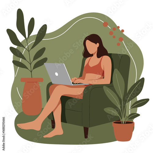 A woman comfortably works from home on her laptop in an armchair, surrounded by houseplants. Represents remote work, modern lifestyle, and relaxation.