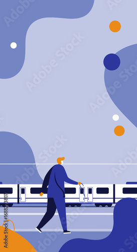 Visually impaired man uses a white cane to navigate a modern train station, emphasizing accessibility and independent urban travel.