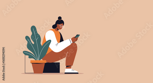 A modern illustration of a woman in glasses sitting, focused on her smartphone, next to a potted plant. Represents online communication, digital lifestyle, and mobile technology usage.