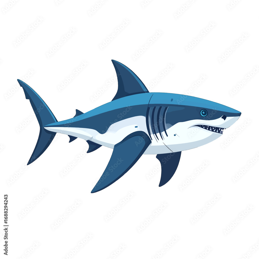 Obraz premium Pixelated Great White Shark Illustration with Detailed Texture Fins Tail and Dorsal Fin on Clean White Background Marine Wildlife Theme