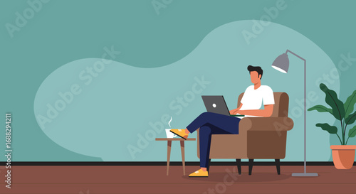 Man working remotely on a laptop from a comfortable armchair at home. Ideal for concepts of distance learning, freelancing, or modern work-life balance.