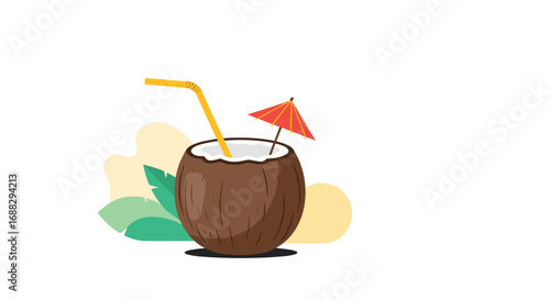 Refreshing coconut drink with straw and umbrella evokes tropical vacation vibes and summer relaxation