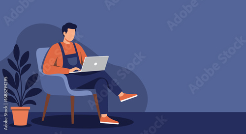 Man comfortably working on a laptop from home. Depicts remote work, online learning, or digital freelancing lifestyle. Ideal for business, technology, or lifestyle concepts.